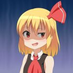  1girl :d ascot bangs bare_shoulders black_vest blonde_hair cato_(monocatienus) commentary hair_between_eyes hair_ribbon highres medium_hair open_mouth red_eyes red_neckwear red_ribbon ribbon rumia shaded_face shirt simple_background sleeveless sleeveless_shirt smile smirk solo touhou uneven_eyes upper_body vest 