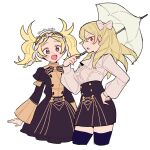  2girls bangs blonde_hair blush bow buttons do_m_kaeru drill_hair earrings fire_emblem fire_emblem:_three_houses fire_emblem_awakening garreg_mach_monastery_uniform hair_bow hair_ornament hand_on_hip high-waist_skirt holding jewelry lissa_(fire_emblem) long_sleeves looking_at_viewer maribelle_(fire_emblem) multiple_girls open_mouth skirt thigh-highs twintails twitter_username umbrella white_background white_bow zettai_ryouiki 