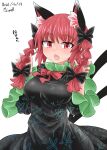 1girl animal_ear_fluff animal_ears bangs black_bow black_dress bow braid breasts cat_ears cat_tail chups dated dress eyebrows_visible_through_hair fang frilled_sleeves frills hair_bow highres holding holding_hair kaenbyou_rin large_breasts long_hair long_sleeves looking_at_viewer multiple_tails neck_ribbon nekomata nyan open_mouth red_eyes red_nails red_neckwear red_ribbon redhead ribbon side_braids signature simple_background solo tail touhou twin_braids two_tails upper_body white_background wide_sleeves 