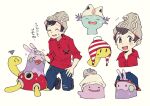  1boy :d bangs beanie blush brown_eyes brown_footwear brown_hair cable_knit closed_eyes commentary_request gen_2_pokemon gen_6_pokemon goomy grey_headwear hat hatted_pokemon headpat kneeling looking_at_viewer male_focus newo_(shinra-p) notice_lines open_mouth pokemon pokemon_(creature) pokemon_(game) pokemon_swsh red_shirt shirt shoes shuckle sleeves_rolled_up smile squiggle sweatdrop swept_bangs translation_request victor_(pokemon) wooper 