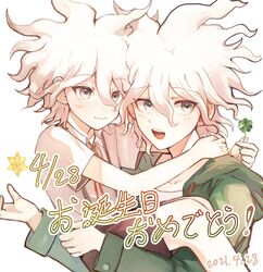  2boys :d a_po_(liuxiaobo0413) bangs blush clover collarbone dangan_ronpa_(series) dangan_ronpa_2:_goodbye_despair dated four-leaf_clover green_jacket grey_background grey_eyes hair_between_eyes highres holding_another hood hood_down hooded_jacket hug jacket komaeda_nagito male_focus messy_hair multiple_boys neck_ribbon open_mouth red_ribbon ribbon shirt short_sleeves shorts smile star_(symbol) translation_request upper_teeth white_hair younger 