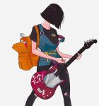  1girl backpack bag black_hair black_pants black_shirt elliemaplefox feet_out_of_frame guitar hair_over_face highres holding holding_instrument instrument orange_bag original pants print_shirt shirt short_hair short_sleeves simple_background solo torn_clothes torn_pants white_background 