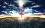  1girl arm_at_side backlighting blue_sky bow brush_stroke bubble_skirt clouds cloudy_sky dark_sky facing_away fisheye from_behind ground horizon impressionism kaname_madoka knees_together_feet_apart lens_flare light light_particles light_rays mahou_shoujo_madoka_magica outdoors outstretched_arm pink_bow pink_hair puffy_short_sleeves puffy_sleeves red_footwear short_sleeves short_twintails skirt sky socks solo sunlight sunset twintails waist_bow watanuki_uchiha white_legwear white_skirt wide_shot yellow_sky 