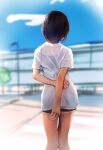  1girl black_hair camisole facing_away highres kaede_do original see-through shirt short_hair short_shorts shorts solo sweat t-shirt tan 