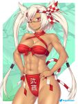  1girl abs black_nails breasts cowboy_shot dark-skinned_female dark_skin fundoshi glasses h-mune hair_between_eyes highres japanese_clothes kantai_collection large_breasts musashi_(kancolle) platinum_blonde_hair rectangular_eyewear red_eyes sarashi semi-rimless_eyewear solo standing twintails underwear underwear_only 