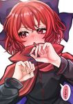  1girl :o black_shirt blush bow cape flustered full-face_blush hair_bow hands_up highres looking_away looking_to_the_side open_mouth red_cape red_eyes redhead sekibanki sekibanki_day sekkaku_nuru shirt simple_background solo touhou white_background 