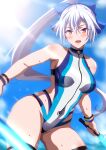 1girl bangs bare_shoulders blue_sky blue_swimsuit blush breasts commentary_request dual_wielding energy_sword fate/grand_order fate_(series) hair_between_eyes hara_(harayutaka) highleg highleg_swimsuit highres holding large_breasts long_hair looking_at_viewer one-piece_swimsuit open_mouth ponytail red_eyes silver_hair sky slit_pupils smile sunlight swimsuit sword thigh_strap thighs tomoe_gozen_(fate) tomoe_gozen_(swimsuit_saber)_(fate) two-tone_swimsuit very_long_hair weapon white_swimsuit 