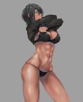  1girl abs black_bra black_hair black_panties bra dark-skinned_female dark_skin ear_clip eyebrows_visible_through_hair highres miha-g muscular muscular_female original panties short_hair solo sweater underwear undressing 