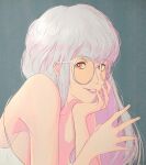  1girl absurdres bangs bright_pupils elliemaplefox glasses grey_background grey_hair hands_up highres long_hair looking_at_viewer original parted_lips pink_eyes round_eyewear simple_background smile solo upper_body white_pupils 