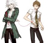  2boys bangs black_pants blue_eyes breast_pocket brown_hair brown_pants coat collared_shirt commentary_request crossed_arms dangan_ronpa_(series) dangan_ronpa_2:_goodbye_despair green_coat green_neckwear hinata_hajime hood hood_down hooded_coat hoodie komaeda_nagito long_sleeves looking_at_another male_focus messy_hair multiple_boys necktie open_clothes open_coat open_mouth pants pocket print_shirt ribbon shirt short_hair short_sleeves simple_background smile string string_of_fate sweatdrop tewa_(0120831) white_background white_hair white_shirt wrist_ribbon 