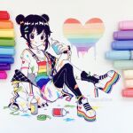  1girl anny_(yoai) bangs black_eyes black_hair black_legwear blush double_bun gay hair_ornament hairclip highres jacket jewelry knees_up lgbt_pride long_sleeves marker marker_(medium) off_shoulder original photo_(medium) pride_flag queer rainbow rainbow_flag rainbow_order ring shirt shoes short_hair short_sleeves single_sock single_thighhigh smile socks solo thigh-highs tongue tongue_out traditional_media twintails white_footwear white_jacket white_shirt zipper zipper_pull_tab 