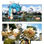  1boy backpack bag bangs bird blonde_hair clouds commentary_request day diglett eevee fangs fog gen_1_pokemon gen_2_pokemon gen_3_pokemon grass green_bag gyarados holding holding_map hood hood_down hoodie male_focus map mawile newo_(shinra-p) open_mouth outdoors pokemon pokemon_(creature) red_eyes sky slowpoke starter_pokemon sweatdrop tongue totodile upper_teeth water white_hoodie 