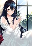  1girl ameno_(a_meno0) armpit_crease bangs blue_eyes blue_hair blush closed_mouth collarbone day fingernails fire_emblem fire_emblem_awakening hair_between_eyes indoors leaf light_blush lips long_hair looking_at_viewer lucina_(fire_emblem) naked_towel pink_lips shiny shiny_hair sitting smile solo symbol-shaped_pupils towel white_towel window 