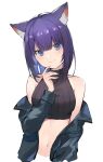 1girl absurdres animal_ears bare_shoulders blue_jacket blush breasts cat_ears closed_mouth copyright_request highres jacket looking_at_viewer medium_breasts navel purple_hair ryou_(ponpgo) simple_background solo violet_eyes white_background 
