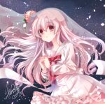  1girl arcaea bangs bow commentary_request eyebrows_visible_through_hair flower frilled_skirt frills hair_between_eyes hands_clasped hands_up hikari_(arcaea) long_hair own_hands_together parted_lips pink_flower pink_hair pleated_skirt red_bow sailor_collar sakurano_ru school_uniform see-through serafuku shirt signature skirt solo veil very_long_hair violet_eyes white_sailor_collar white_serafuku white_shirt white_skirt 