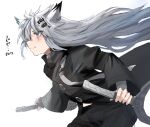 1girl :p animal_ear_fluff animal_ears arknights bangs black_jacket character_name closed_mouth commentary_request dual_wielding eyebrows_visible_through_hair facing_to_the_side grey_eyes hair_between_eyes hair_ornament hairclip highres holding holding_sword holding_weapon jacket lappland_(arknights) long_hair long_sleeves raw_egg_lent silver_hair simple_background smile solo sword tongue tongue_out translated upper_body weapon white_background wolf_ears wolf_girl
