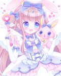  1girl :d animal_ears bangs blue_bow blue_dress blue_eyes blush bow brown_hair character_request commentary_request creature detached_sleeves dress eyebrows_visible_through_hair hair_bow heart highres himetsuki_luna holding holding_wand jewelpet_(series) long_hair long_sleeves magical_girl open_mouth rabbit_ears sleeves_past_wrists smile solo two_side_up very_long_hair wand white_background white_sleeves 