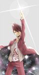  1boy arm_up bangs chikuwapan collarbone commentary_request dangan_ronpa_(series) dangan_ronpa_v3:_killing_harmony facial_hair goatee grey_background grey_shirt grin hand_on_hip highres jacket long_sleeves male_focus momota_kaito open_clothes open_shirt pants pink_jacket pink_pants print_shirt shirt short_hair smile solo space_print sparkle starry_sky_print white_shirt 