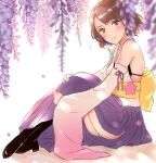  1girl blue_eyes brown_hair closed_mouth detached_sleeves final_fantasy final_fantasy_x green_eyes hair_ornament heterochromia japanese_clothes looking_at_viewer niwata0 short_hair smile solo yuna_(ff10) 