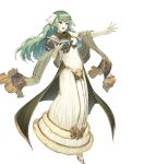  1girl artist_request bangs bare_shoulders blush book breasts dress elbow_gloves eyebrows_visible_through_hair fire_emblem fire_emblem_echoes:_shadows_of_valentia fire_emblem_heroes full_body fur_trim gloves green_eyes green_hair hair_ornament highres holding holding_book long_dress long_skirt looking_away medium_breasts official_art open_book open_mouth shiny shiny_hair skirt sleeveless solo tatiana_(fire_emblem) transparent_background white_gloves 