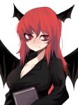  1girl absurdres bags_under_eyes bat_wings black_shirt breasts collared_shirt demon_girl demon_wings eyeshadow head_wings highres huge_filesize koakuma long_hair long_sleeves makeup mandarok1149 medium_breasts red_eyes red_eyeshadow redhead shirt touhou wings 