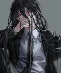  1boy bangs black_hair chinese_commentary collared_shirt covering_mouth dangan_ronpa_(series) dangan_ronpa_2:_goodbye_despair grey_background grey_shirt hair_between_eyes hand_up highres jacket kamukura_izuru long_hair long_sleeves looking_at_viewer male_focus muuyiie necktie red_eyes shirt simple_background solo upper_body 