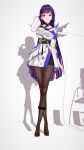  1girl adjusting_hair alternate_costume alternate_hairstyle black_eyes black_hair black_legwear highres honkai_(series) honkai_impact_3rd legs long_sleeves looking_at_viewer nail_polish pantyhose photo_shoot raiden_mei red_nails shadow simple_background solo stongka white_background 