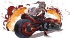  1girl absurdres alternate_color alternate_costume bronya_zaychik bronya_zaychik_(herrscher_of_reason) closed_mouth crossover drill_hair explosion grey_eyes grey_hair ground_vehicle highres honkai_(series) honkai_impact_3rd long_hair looking_at_viewer motor_vehicle motorcycle neon_genesis_evangelion project_bunny quintincy simple_background sitting sitting_on_object solo twin_drills white_background 