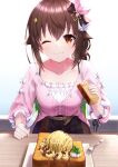  1girl belt_buckle bread bread_slice brown_eyes buckle cake caramel dress eyebrows_visible_through_hair faubynet food hair_between_eyes hair_ornament hair_ribbon hand_on_table highres hololive knife looking_at_viewer medium_hair one_eye_closed plate ribbon sitting spoon table tokino_sora 