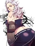  1girl abs ass breasts dorohedoro earrings gloves hanaichi_(hana13) highres jewelry long_hair looking_at_viewer muscular muscular_female noi_(dorohedoro) red_eyes simple_background smile solo white_hair 