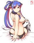  1girl alternate_costume animal_ears animal_print artist_logo bed bell bikini black_eyes blue_hair breasts commentary_request cow_ears cow_horns cow_print cow_tail cowbell dated fake_animal_ears fake_horns from_behind highres horns kanon_(kurogane_knights) kantai_collection large_breasts long_hair looking_at_viewer looking_back multicolored_hair one-hour_drawing_challenge ponytail redhead side-tie_bikini simple_background sitting solo south_dakota_(kancolle) star_(symbol) swimsuit tail white_background white_bikini white_hair white_legwear 
