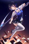  1girl absurdres alternate_costume blue_eyes blue_hair bug butterfly closed_mouth full_body highres holding holding_weapon honkai_(series) honkai_impact_3rd insect looking_at_viewer school_uniform scythe seele_vollerei seele_vollerei_(swallowtail_phantasm) short_hair skirt smile solo tattoo weapon white_butterfly white_legwear yuyu_guantou_(marky) 
