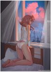  1girl arm_support artist_name ass bandaged_arm bandages bare_arms bare_shoulders barefoot blue_eyes border breasts clouds curtains day forest grey_tank_top highres kneeling leonzo030 low_twintails medium_breasts medium_hair nature no_pants on_bed open_window original panties patreon_username pillow redhead short_twintails sleeveless solo tank_top tree twintails underwear watermark web_address white_border white_panties window 