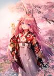  1girl absurdres alien_(15307703) alternate_costume animal_ears blue_sky cherry_blossoms clouds flower fox_ears highres holding holding_flower honkai_(series) honkai_impact_3rd huge_filesize japanese_clothes kimono long_hair looking_at_viewer open_mouth pink_hair scenery sky solo tree tree_branch violet_eyes white_flower yae_sakura 