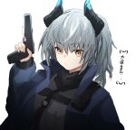  1girl arknights blue_jacket commentary_request dragon_horns grey_hair grey_shirt gun hand_up highres holding holding_gun holding_weapon horns jacket liskarm_(arknights) open_clothes open_jacket raw_egg_lent shirt short_hair simple_background sketch solo translation_request upper_body weapon white_background yellow_eyes 