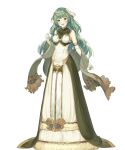  1girl artist_request bangs bare_shoulders blush breasts dress elbow_gloves eyebrows_visible_through_hair fire_emblem fire_emblem_echoes:_shadows_of_valentia fire_emblem_heroes full_body fur_trim gloves green_eyes green_hair hair_ornament hand_up head_tilt highres long_dress looking_at_viewer medium_breasts official_art open_mouth shiny shiny_hair sleeveless smile solo standing tatiana_(fire_emblem) transparent_background white_gloves 
