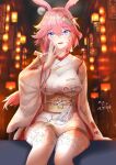  1girl absurdres alternate_eye_color animal_ears blue_eyes breasts fox_ears halfmoe hands_on_own_cheeks hands_on_own_face highres honkai_(series) honkai_impact_3rd japanese_clothes kimono lantern large_breasts looking_at_viewer open_mouth pink_hair sitting sitting_on_object smile yae_sakura 