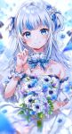  1girl amaki_ruto bangs bare_shoulders blue_eyes blue_hair blush bouquet breasts bridal_veil bride dress flower gawr_gura gloves hololive hololive_english long_hair looking_at_viewer multicolored_hair silver_hair smile solo streaked_hair veil virtual_youtuber wedding_dress white_dress 