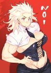  1girl abs breasts buta_(machineswine) dorohedoro earrings gloves highres jewelry long_hair looking_at_viewer muscular muscular_female noi_(dorohedoro) simple_background smile white_hair 