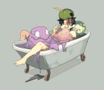  &gt;_&lt; 1boy bangs barefoot bathing bathtub black_hair closed_mouth commentary_request ditto dripping gen_1_pokemon gen_3_pokemon gen_5_pokemon grey_background grey_eyes grimer gulpin knees liquid looking_up male_focus newo_(shinra-p) nude on_head pokemon pokemon_(creature) pokemon_on_head short_hair sideways_glance simple_background slime_(substance) smile solid_circle_eyes solosis sweatdrop toes 