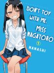  1girl 774_(nanashi) absurdres asymmetrical_bangs bangs black_hair blue_background copyright_name cover cover_page crossed_legs dark_skin english_text feet_out_of_frame grin highres ijiranaide_nagatoro-san manga_cover nagatoro_hayase official_art pleated_skirt raised_eyebrow shirt simple_background sitting skirt smile solo torrent_source white_shirt 
