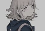  1girl backpack bag bangs blunt_bangs brown_hair closed_mouth commentary_request dangan_ronpa_(series) dangan_ronpa_2:_goodbye_despair denri face flipped_hair from_side grey_background highres hood hood_down looking_at_viewer looking_to_the_side nanami_chiaki pink_eyes simple_background sketch solo upper_body 
