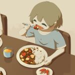  1boy :d apple_slice avogado6 blue_shirt brown_hair closed_eyes colored_skin cup curry curry_rice eating fang food food_art food_on_face grey_background open_mouth original rice shirt short_hair short_sleeves smile solo_focus table white_skin 