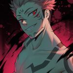  1boy black_hair chest_tattoo extra_eyes facial_tattoo grin highres itadori_yuuji jujutsu_kaisen looking_at_viewer male_focus panpanmeiyou_hp pink_hair red_background red_eyes ryoumen_sukuna_(jujutsu_kaisen) shirtless short_hair smile solo spiky_hair tattoo undercut upper_body 