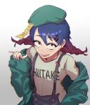  1girl azuki_aisu_ranmaru bakku159 bangs beret black_eyes blue_hair blush braid clothes_writing commentary_request cookie_(touhou) eyebrows_visible_through_hair food green_headwear green_jacket hair_between_eyes hair_ornament hairclip hat indie_virtual_youtuber jacket looking_at_viewer medium_hair multicolored_hair ofuda open_mouth overalls popsicle redhead simple_background solo twin_braids twintails two-tone_hair upper_body virtual_youtuber white_background 