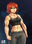  1girl abs alternate_form biceps breasts camisole clenched_hands commander_shepard commander_shepard_(female) crop_top english_commentary green_eyes grey_pants highres mass_effect_3 medium_breasts medium_hair midriff muscular muscular_female navel nortuet pants redhead scar_on_arm scar_on_stomach solo space spaghetti_strap starry_background w 