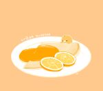  artist_name bird chai crepe food food_focus fruit highres no_humans orange_(food) orange_background orange_slice original plate simple_background 