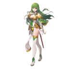  1girl absurdres armor bangs belt boots breasts capelet commentary_request dress elbow_gloves eyebrows_visible_through_hair fire_emblem fire_emblem:_mystery_of_the_emblem fire_emblem_echoes:_shadows_of_valentia fire_emblem_heroes full_body gloves green_eyes green_hair hand_on_own_chest hand_up high_heel_boots high_heels highres long_hair looking_at_viewer medium_breasts official_art palla_(fire_emblem) pelvic_curtain sheath shiny shiny_hair short_dress shoulder_armor simple_background smile solo standing teffish thigh-highs thigh_boots thighs white_background white_footwear white_gloves 