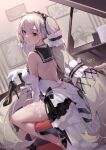  1girl artist_name asc11 azur_lane bangs bare_legs black_footwear blush breasts chinese_commentary commentary_request dress elbow_gloves eyebrows_visible_through_hair formidable_(azur_lane) formidable_(timeless_classics)_(azur_lane) from_behind gloves hair_ornament hairband high_heels highres holding holding_shoes indoors instrument large_breasts long_hair looking_at_viewer looking_back piano red_eyes shoes shoes_removed sitting solo twintails very_long_hair white_dress white_gloves white_hair 