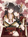  2girls bangs black_hair blush breasts hinoa japanese_clothes kimono lllkirakiralll long_hair minoto monster_hunter monster_hunter_(series) monster_hunter_rise pointy_ears siblings twins 